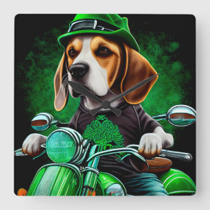 Beagle Dog driving bike St. Patrick's Day Square Wall Clock