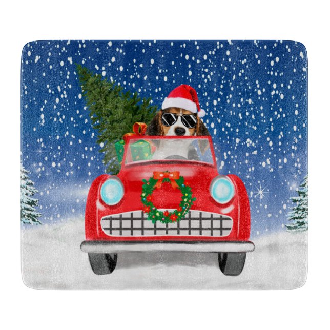 Beagle Dog Driving Car In Snow Christmas Cutting Board (Front)