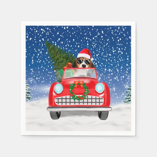 Beagle Dog Driving Car In Snow Christmas  Napkin (Front)