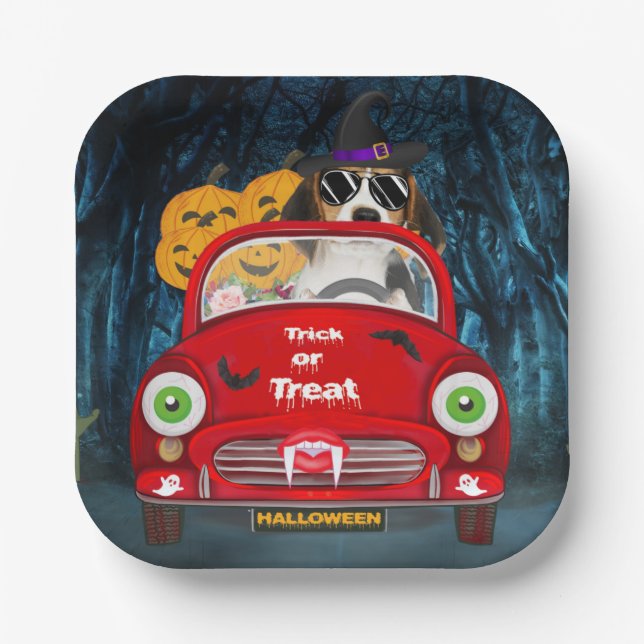 Beagle Dog Driving Car Scary Paper Plate (Front)
