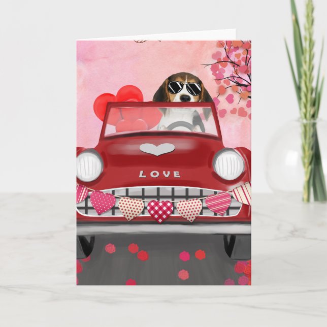 Beagle Dog Driving Car with Hearts Valentine's  Card (Front)
