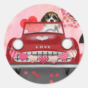 Beagle Dog Driving Car with Hearts Valentine's  Classic Round Sticker