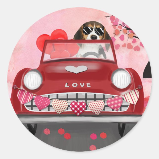 Beagle Dog Driving Car with Hearts Valentine's  Classic Round Sticker (Front)