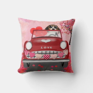 Beagle Dog Driving Car with Hearts Valentine's Cushion