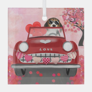 Beagle Dog Driving Car with Hearts Valentine's  Glass Tree Decoration
