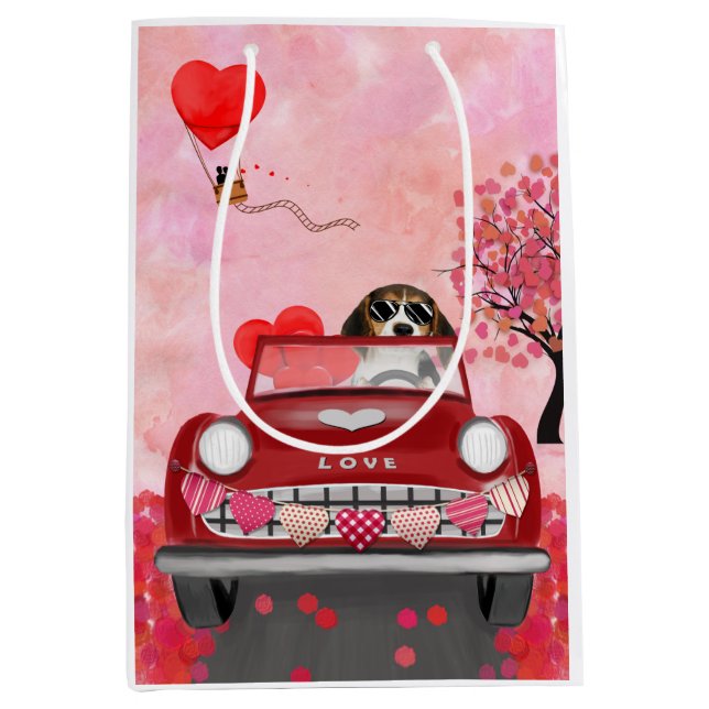 Beagle Dog Driving Car with Hearts Valentine's  Medium Gift Bag (Front)