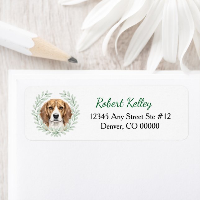 Beagle Dog Eucalyptus Leaf Wreath Return Address Label (Insitu)