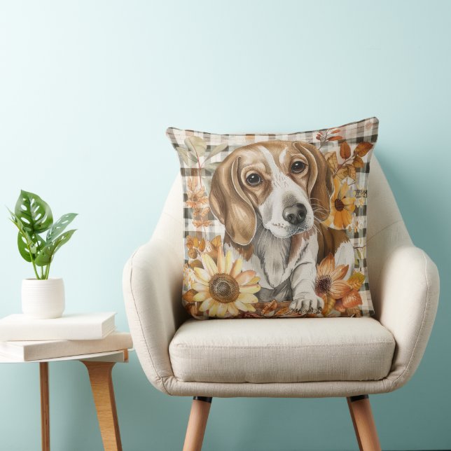 Beagle Dog Fall Watercolor Flowers Cushion (Chair)