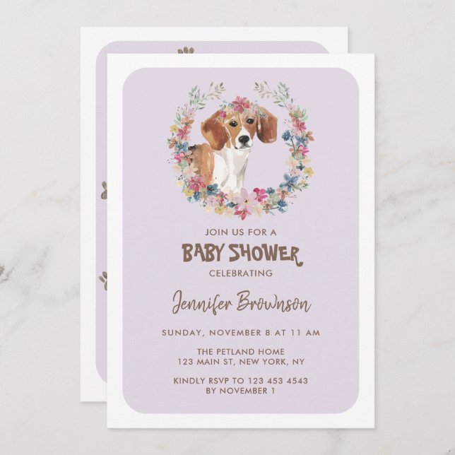 Beagle Dog Floral Crown Baby Shower Invitation (Front/Back)