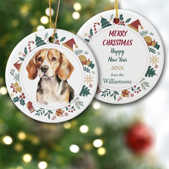 Beagle Dog Framed with Christmas Images Ceramic Ornament (Creator Uploaded)