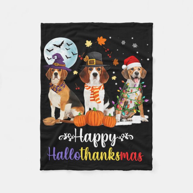Beagle Dog Halloween Merry Christmas Happy Halloth Fleece Blanket (Front)