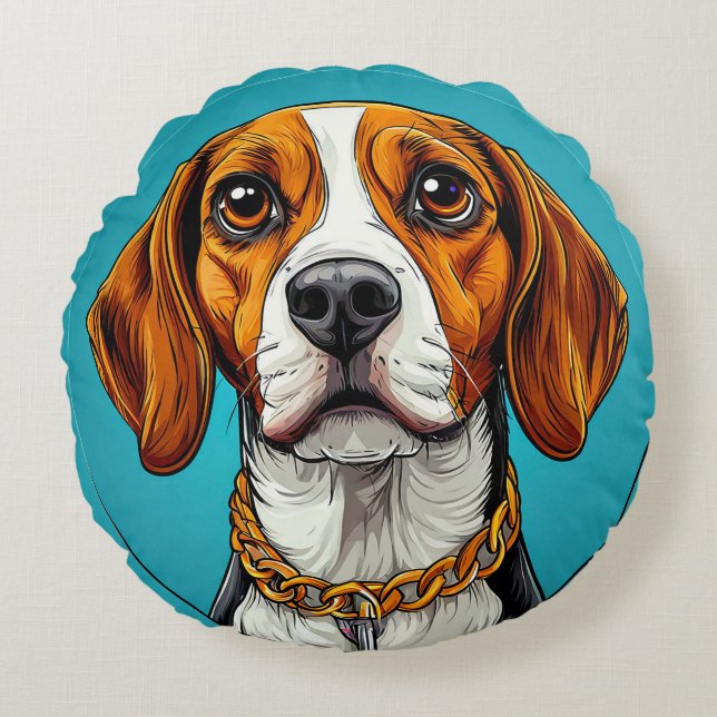 Beagle Dog in a Gold Chain Round Cushion (Front)