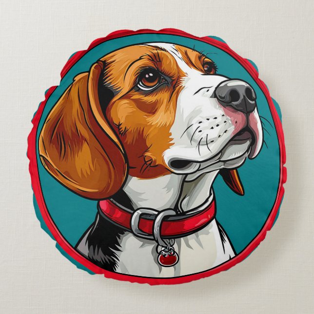 Beagle Dog in a Red Collar Round Cushion (Front)
