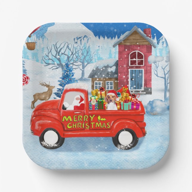 Beagle Dog in Christmas Delivery Truck Snow  Paper Plate (Front)