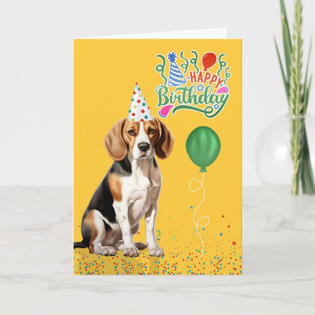 Beagle Dog in Party Hat on Yellow Birthday Card (Front)