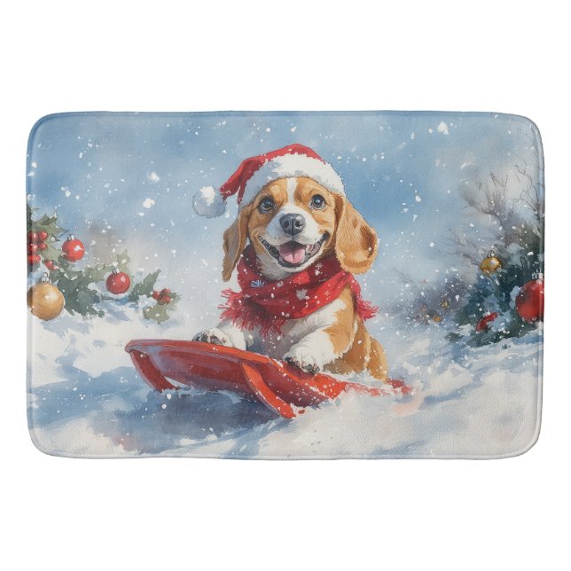 Beagle Dog in Sledge Let it Snow Christmas Bath Mat (Front)