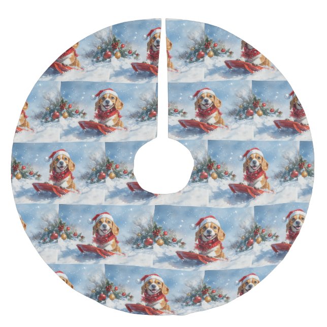 Beagle Dog in Sledge Let it Snow Christmas Brushed Polyester Tree Skirt (Front)