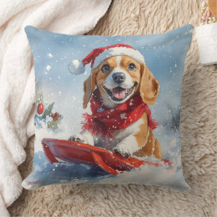 Beagle Dog in Sledge Let it Snow Christmas Cushion