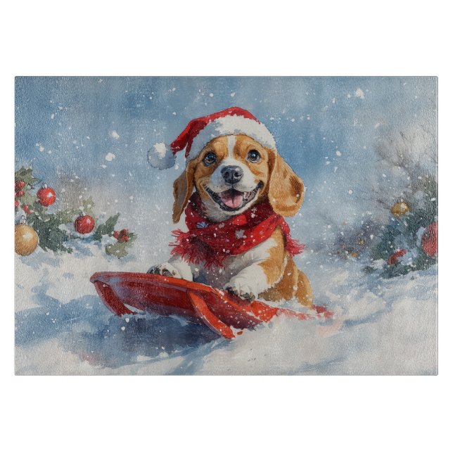 Beagle Dog in Sledge Let it Snow Christmas Cutting Board (Front)