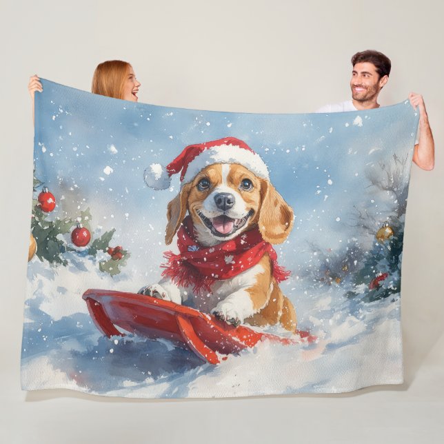 Beagle Dog in Sledge Let it Snow Christmas Fleece Blanket (In Situ)