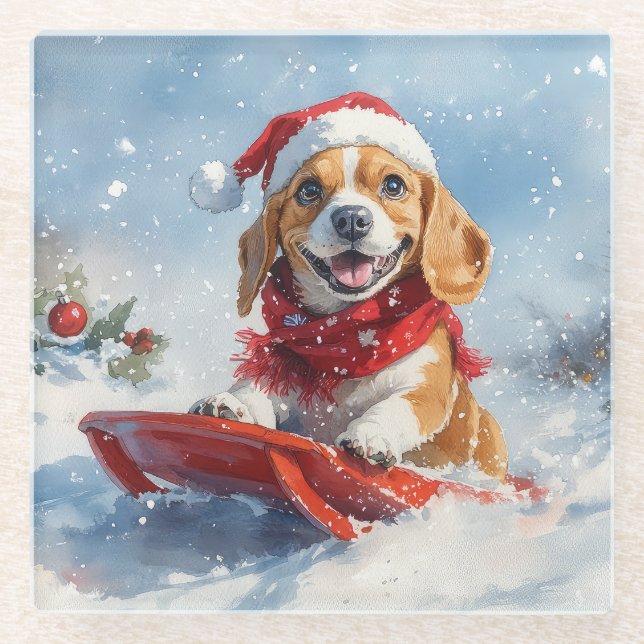 Beagle Dog in Sledge Let it Snow Christmas Glass Coaster (Front)
