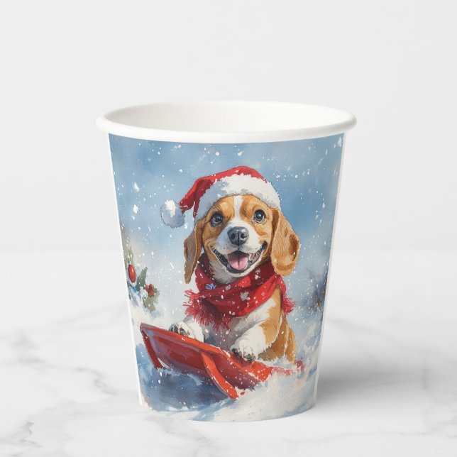 Beagle Dog in Sledge Let it Snow Christmas Paper Cups (Front)