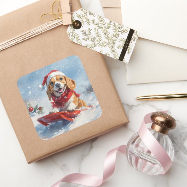 Beagle Dog in Sledge Let it Snow Christmas Square Sticker (Gifting)