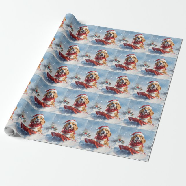Beagle Dog in Sledge Let it Snow Christmas Wrapping Paper (Unrolled)