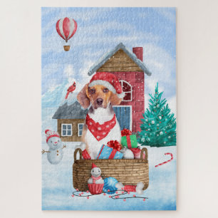Beagle Dog In snow Christmas Dog House Jigsaw Puzzle