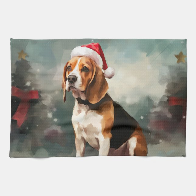 Beagle Dog in Snow Christmas  Tea Towel (Horizontal)