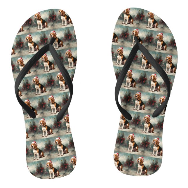 Beagle Dog in Snow Christmas  Thongs (Footbed)