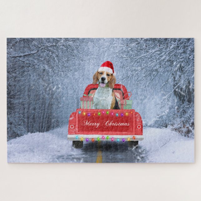 Beagle Dog in Snow sitting in Christmas Truck Jigsaw Puzzle (Horizontal)