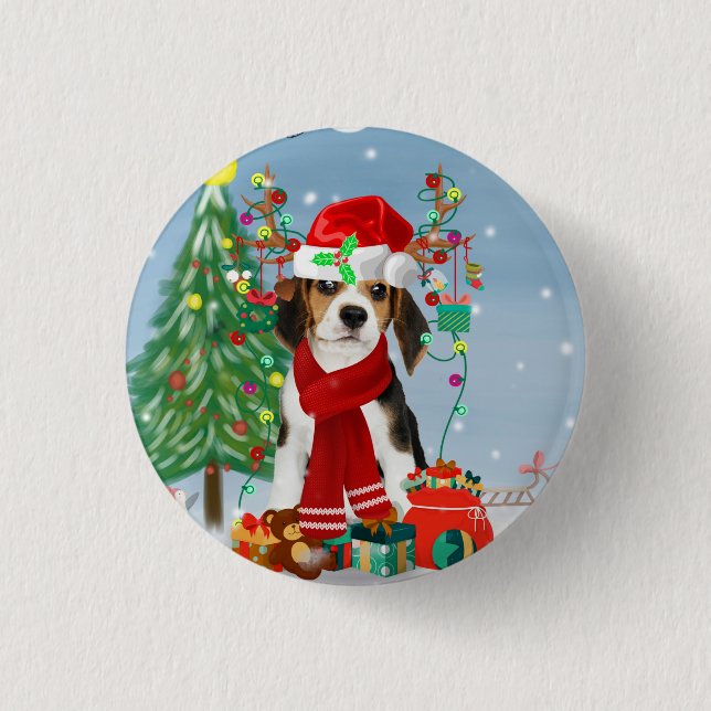 Beagle Dog in Snow with Christmas Gifts   3 Cm Round Badge (Front)