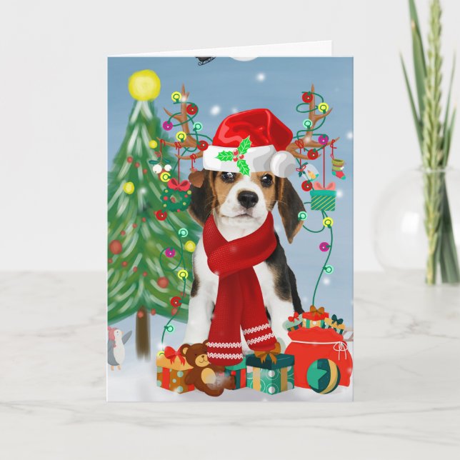 Beagle Dog in Snow with Christmas Gifts Card (Front)