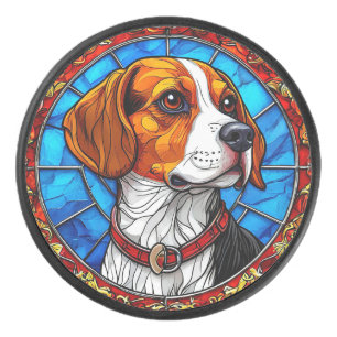 Beagle Dog in Vibrant Stained Glass Art Hockey Puck