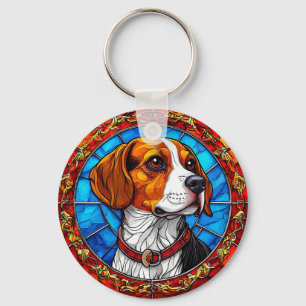 Beagle Dog in Vibrant Stained Glass Art Key Ring