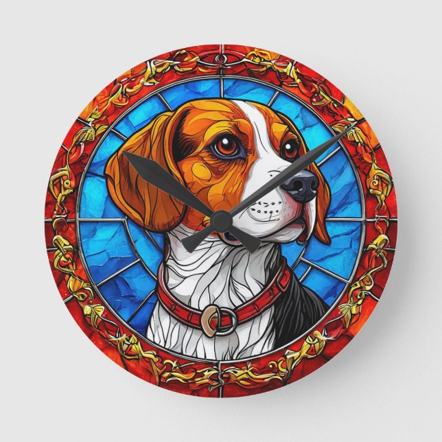 Beagle Dog in Vibrant Stained Glass Art Round Clock (Front)