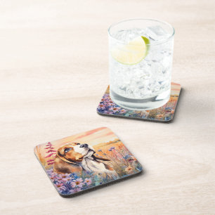 Beagle Dog Lover with Wildflower Meadow Coaster