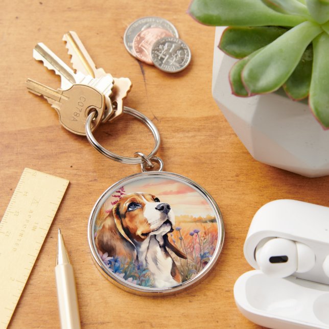 Beagle Dog Lover with Wildflower Meadow Key Ring (Desk)