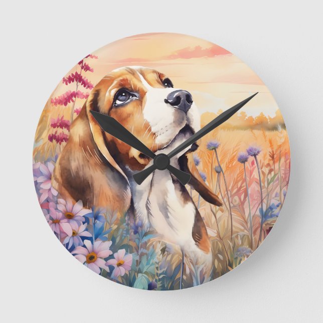 Beagle Dog Lover with Wildflower Meadow Round Clock (Front)