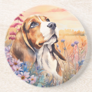 Beagle Dog Lover with Wildflower Meadow Sandstone Coaster