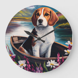 Beagle Dog on a Paddle: A Scenic Adventure Large Clock