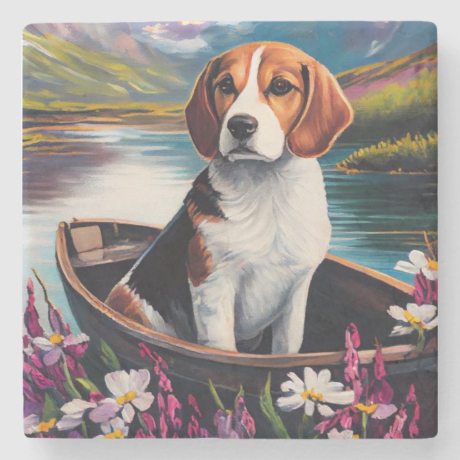 Beagle Dog on a Paddle: A Scenic Adventure Stone Coaster (Front)