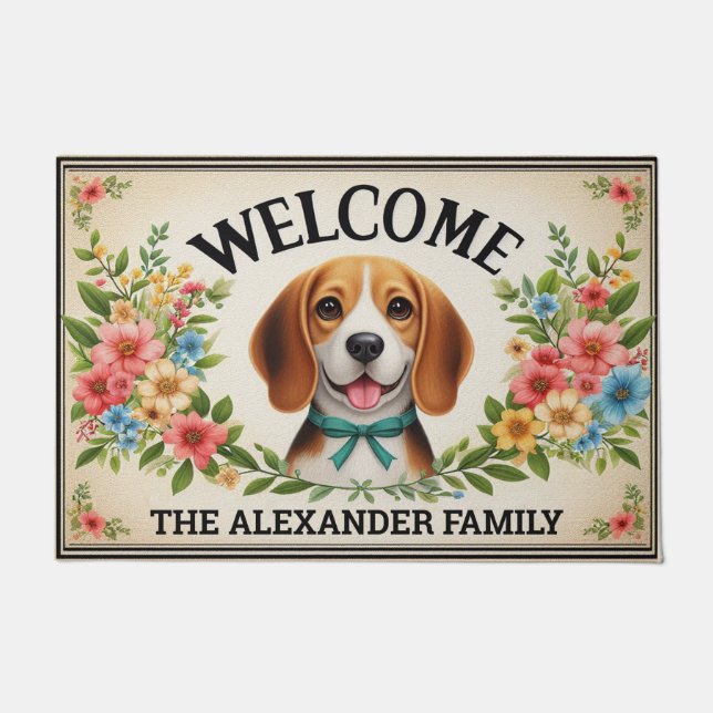 Beagle Dog Paradise, Personalised Name Welcome Doormat (Front)