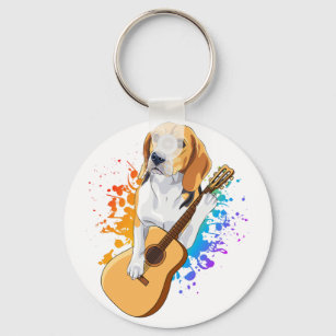 Beagle Dog Playing Acoustic Guitar Button Key Ring
