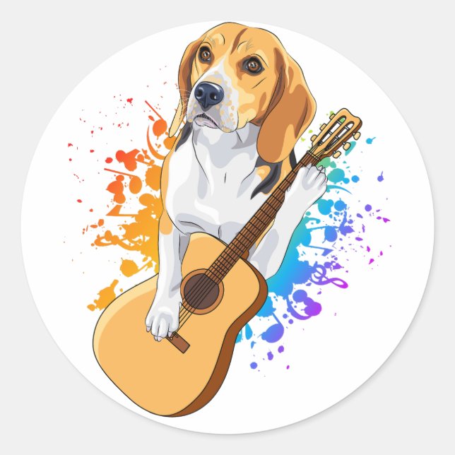 Beagle Dog Playing Acoustic Guitar Classic Round Sticker (Front)