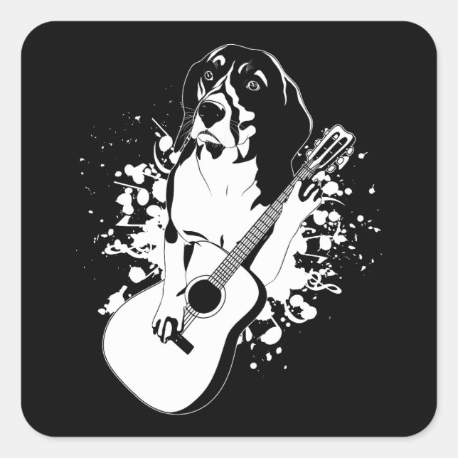 Beagle Dog Playing Acoustic Guitar Square Sticker (Front)