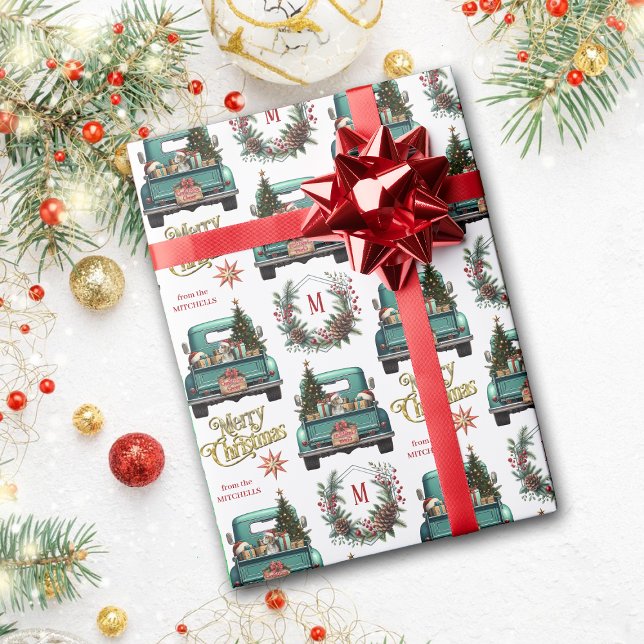 Beagle Dog Retro Truck Monogram Christmas Wrapping Paper (Creator Uploaded)