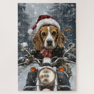 Beagle Dog Riding Motorcycle Christmas Jigsaw Puzzle