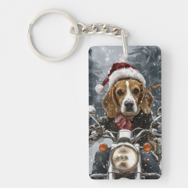 Beagle Dog Riding Motorcycle Christmas Key Ring (Front)